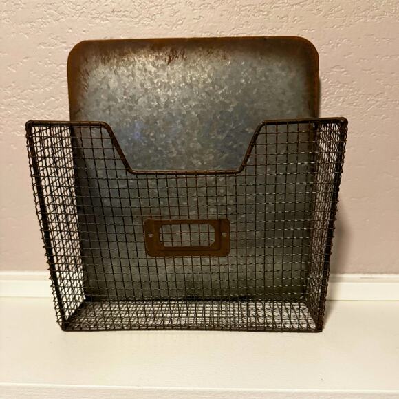 Vintage Industrial Wire Wall Basket with Galvanized Metal Backing - Picture 2 of 10